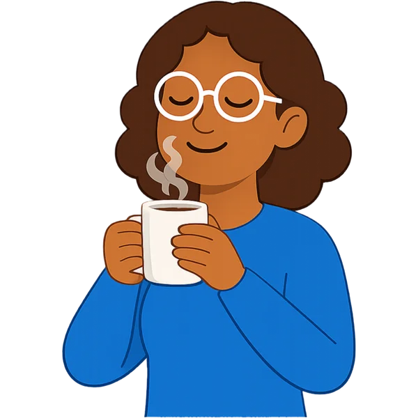 Whitney, personnage de Wakeup Buddy, tient une tasse de café